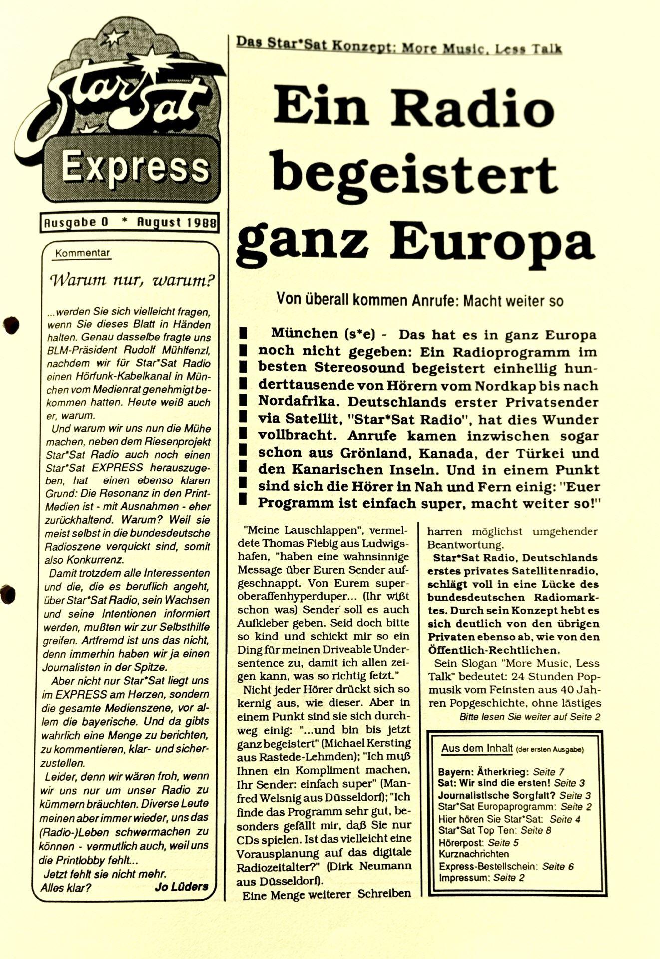 STAR*SAT EXPRESS erste Ausgabe, Seite1