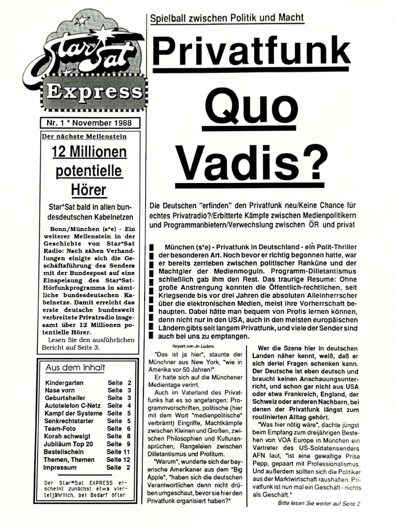 STAR*SAT EXPRESS zweite Ausgabe, Seite1